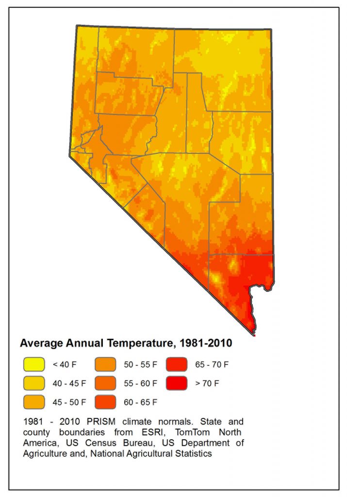 Map of the 1981 - 2010 annual average temperature across Nevada. It shows the highest temperatures (> 70F) at low elevations in the Las Vegas area and the coolest temperatures (< 40F) over high elevations in the northeastern corner of the state and over some of the highest mountains in Nye county. It also shows temperatures generally decreasing from south to north, with some areas of relatively warm temperatures (50 - 55) east and north of Reno, where elevations are relatively low.