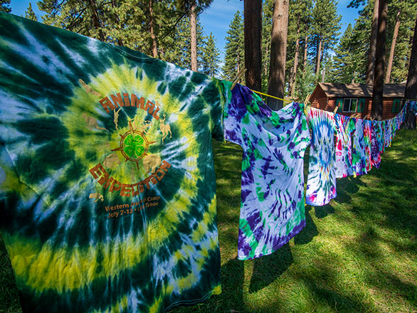 tie dyed camp tee shirts hanging out to dry