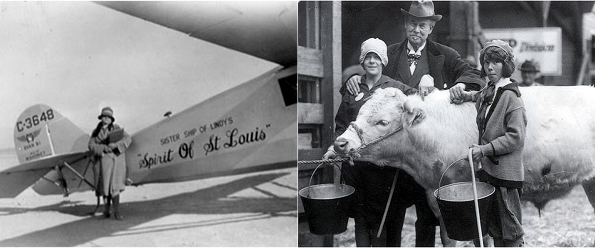 Person in front of 'Spirit of St. Louis' airplane